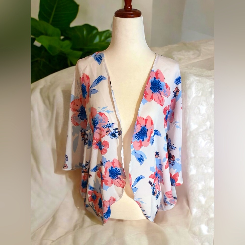 White Floral Kimono Cardigan One Size Shawl w/ Pink & Blue Flowers